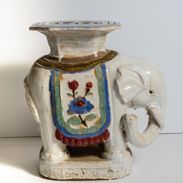 Pair Chinoiserie Glazed Ceramic Elephant Garden Stools / Accent Tables For Sale - Image 4 of 8