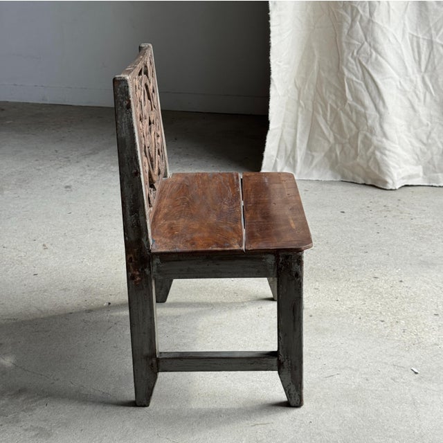 Mini Bench with Carved Backrest, 1980s For Sale - Image 13 of 18