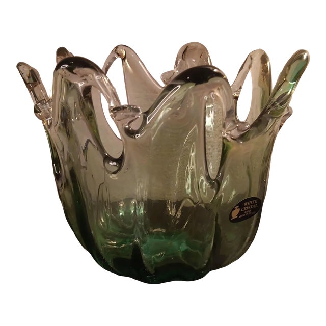 1980s White Murano Italy Green Freeform Vase For Sale