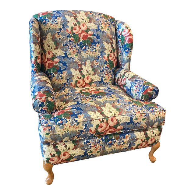 Custom Wingback Chair in Chintz Fabric For Sale