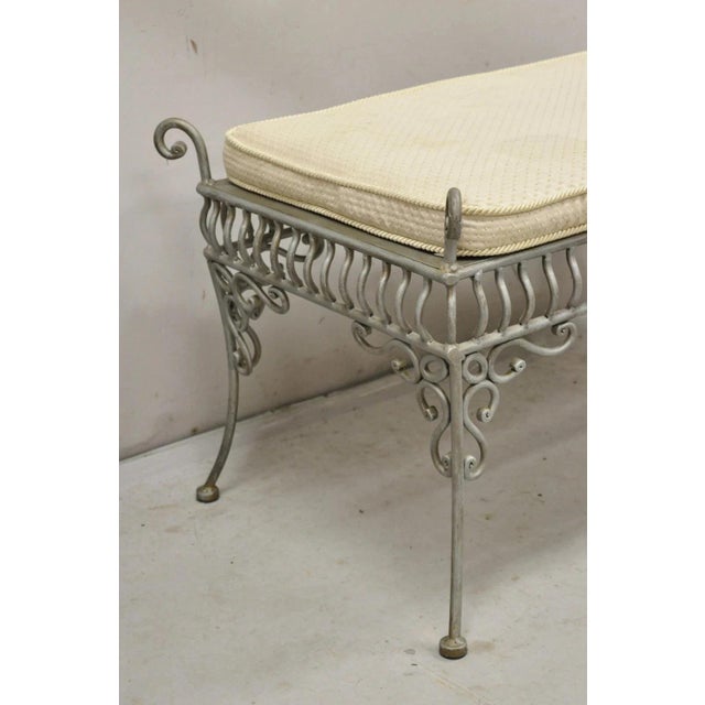 French Country Late 20th Century Decorator Wrought Iron Scrolling French Country Style Gray Lattice Bench For Sale - Image 3 of 12