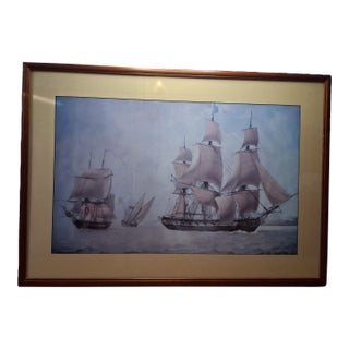 Late 20th Century Antoine Roux Maritime Print French 74 Mont Blanc Marseille Ship 1803 Framed For Sale