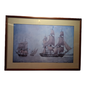 Late 20th Century Antoine Roux Maritime Print French 74 Mont Blanc Marseille Ship 1803 Framed