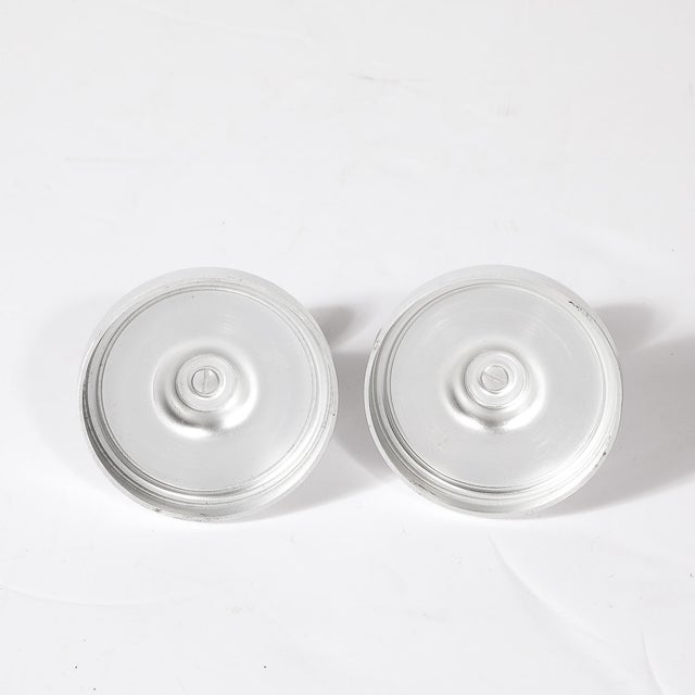 Silver Pair of Art Deco Candle Holders in Brushed Aluminum & Glass Signed Kensington For Sale - Image 8 of 10