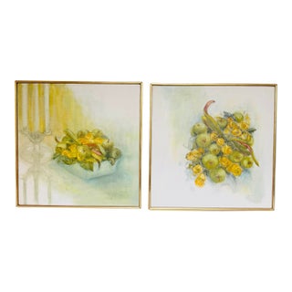Signed Dorothy Malan Original Floral Still Life Paintings – Matched Pair | Michigan Artist | Vintage Impressionist Artwork | Gold & Wood Frames For Sale