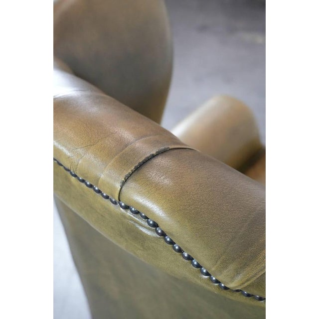 English Style Moss Green Cowhide Chesterfield Wingback Armchair For Sale - Image 15 of 16