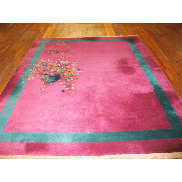 Antique Chinese Art Deco rug with pink color background, size: 8'9" x 11'6". Antique Floral Wool Hand Knotted Pile Coral /...