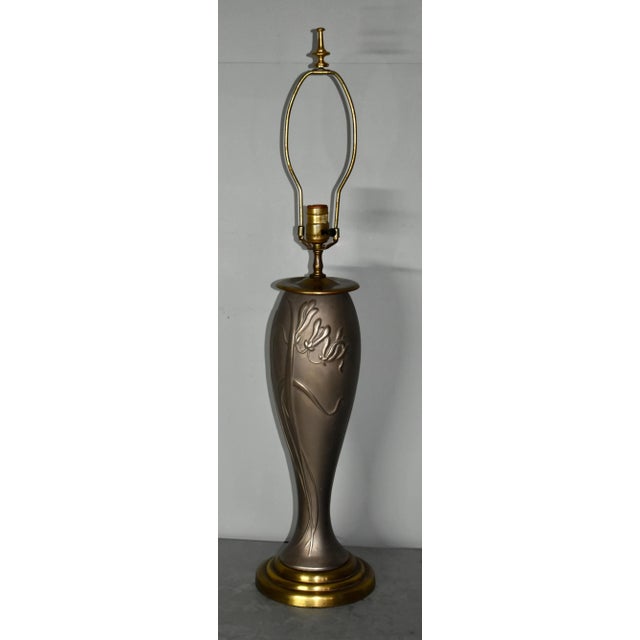 Vintage Art Nouveau Style Pewter Color & Brass Metal Table Lamp For Sale - Image 11 of 11