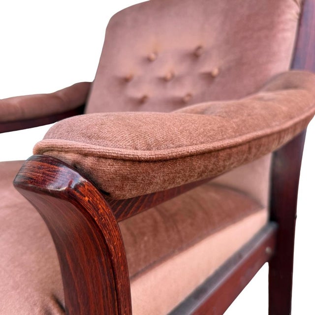 Vintage mid-century Danish modern bentwood beech armchair with velvet upholstery. Features a rosewood-toned beech frame....