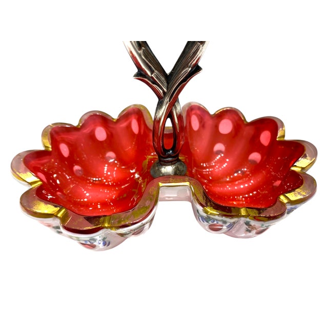Antique Viennese Biedermeier Ruby Opaline Glass Bonbon Dish With Gilt Floral Enamel Decoration & Silver Handle, c.1830 For Sale - Image 14 of 16