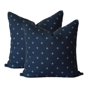 A Pair of Lauren Servati Textiles, Savannah Cross // Marine Pillows, 22"x22"