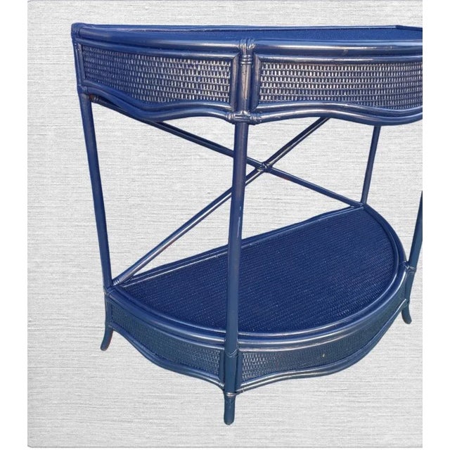1990s Vintage Navy Blue Weaved Wicker Bamboo Coastal Demi Lune Console Table For Sale - Image 5 of 6