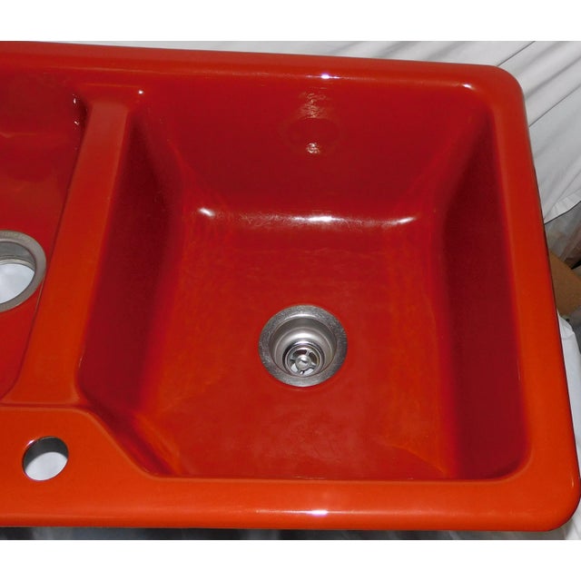 Red 1983 Vintage Kohler Epicurean Sequoia (Red) 4-Hole Acid Resistant Porcelain & Cast Iron 2 Basin Drainboard Kitchen Sink For Sale - Image 8 of 16