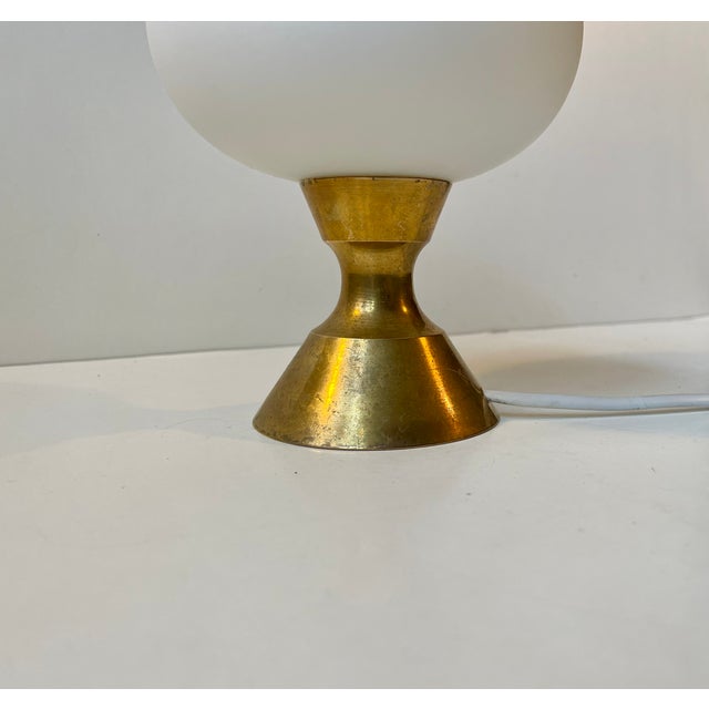 1970s Scandinavian Modern Table Lamp in Brass and White Glass, 1970s For Sale - Image 5 of 9