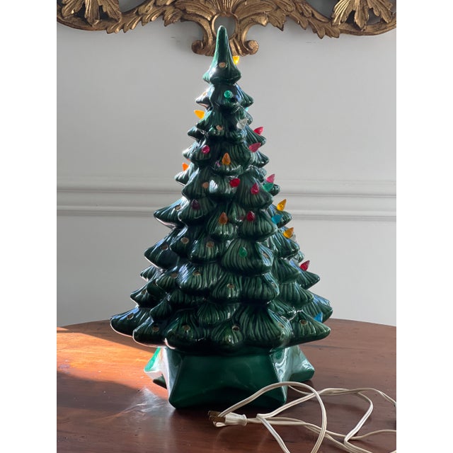 Dark Green 1972 Handmade Ceramic Christmas Tree With Lights For Sale - Image 8 of 10