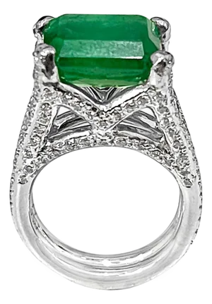 8.5 Carat Emerald Cut Emerald and 4 Ct Diamond Ring Platinum, Estate 6.5 Unisex