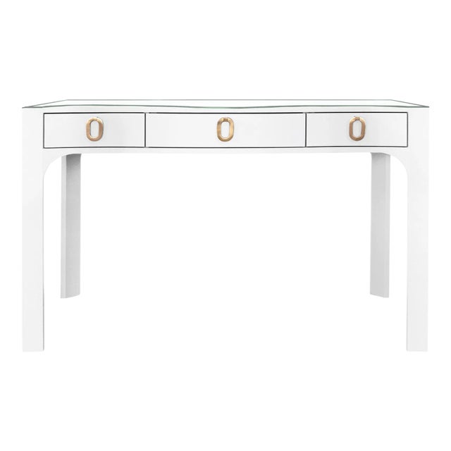 Matthew Izzo Home - Gladys Curved Front, Textured White Linen Desk With Satin Brass Hardware For Sale