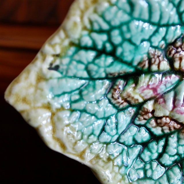 Begonia Majolica English Leaf Plate With Stand For Sale - Image 4 of 7