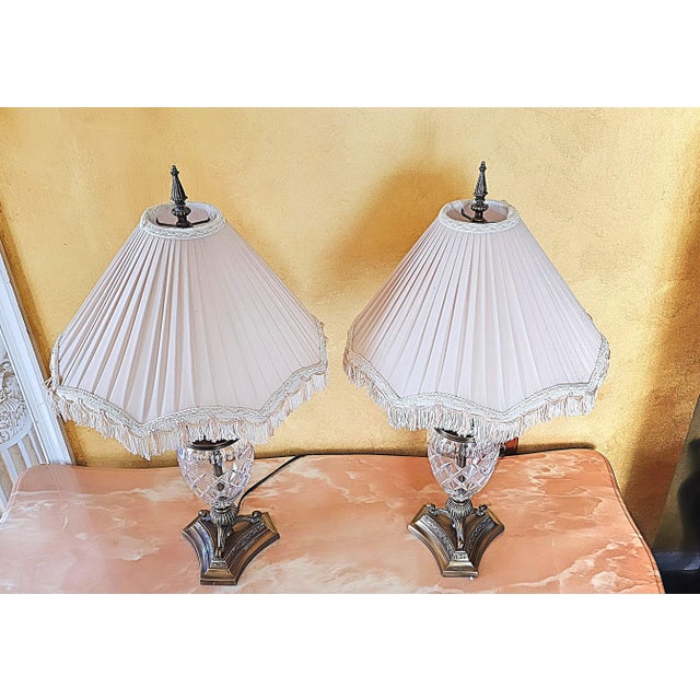 Brass Traditional Style Crystal & Brass Table Lamps, a Pair For Sale - Image 8 of 12