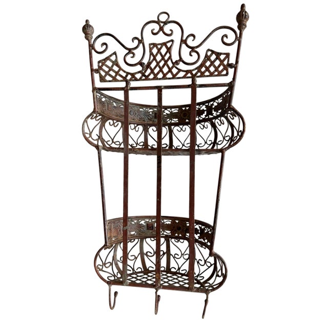 Vintage Wall Basket With Scrolling Details and Three Hooks For Sale In Los Angeles - Image 6 of 7