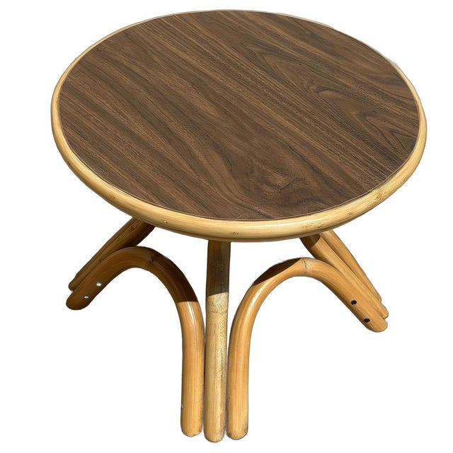 Mid-Century Modern 1950s Restored Round Rattan Coffee Table W/ Arched Base For Sale - Image 3 of 5