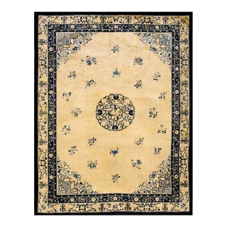 1920s Beige Cream Polka Dot Medallion Antique Chinese Peking Knotted Wool Rug For Sale