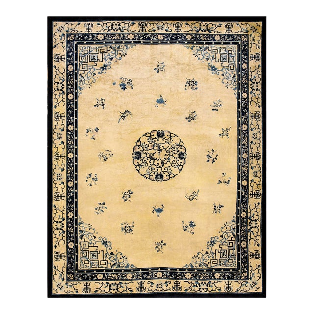 1920s Beige Cream Polka Dot Medallion Antique Chinese Peking Knotted Wool Rug For Sale