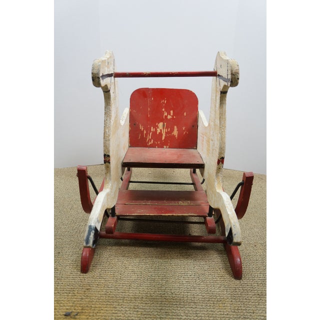 Antique Wooden Double Horse Shoo Fly Rocking Horse Childrens Glider 39" For Sale - Image 16 of 17