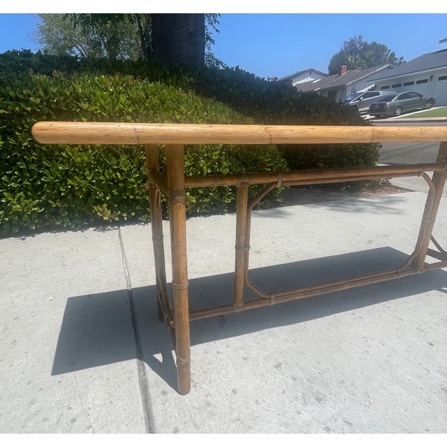 Wood Authentic McGuire Vintage Rattan Console Table, Refinished Herringbone Wood Top For Sale - Image 7 of 9