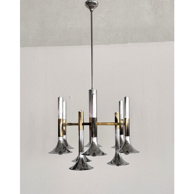 Large Italian Chrome and Brass Trumpet Chandelier attributed to Lumi Milano, 1970s For Sale - Image 16 of 18