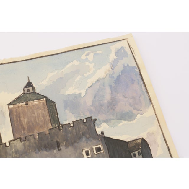 Mid-Century Swedish Outsider Folk Art Original Watercolor Painting, Signed, Lakeside Fortress Landscape For Sale - Image 4 of 9