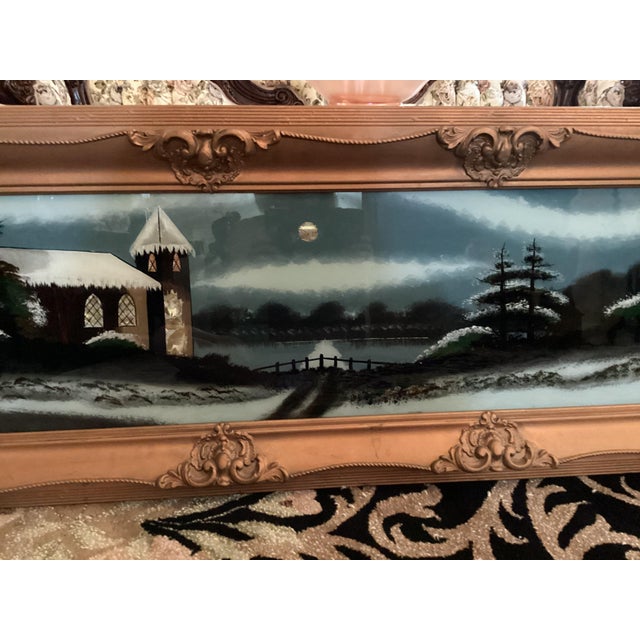 Art Nouveau Antique Large Fancy Frame Reverse Painted Picture Catholic Church 47.25” X 19.25 Lovely Evening Moonshine Off Lake For Sale - Image 3 of 17