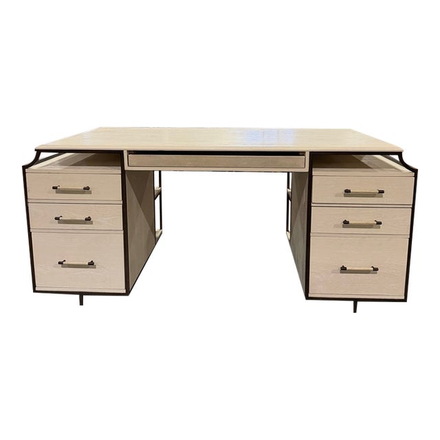 Gabby Jasper Contemporary Cerused White Executive Desk With Dual Pedestals and Dark Metal Accents For Sale