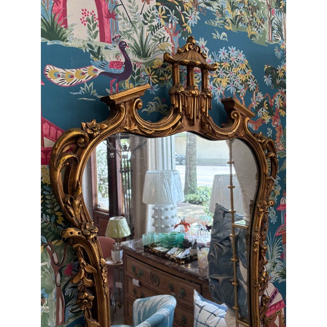 Chinoiserie Antique Gilt Wood Carved Italian Chinoiserie Pagoda Mirror For Sale - Image 3 of 4