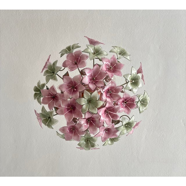 1980s Vintage Italian Murano Style Botanical Flower Ceiling Light, Vintage Handblown Pink Green Glass Bouquet Chandelier, 5-Light Flush Mount For Sale - Image 5 of 17