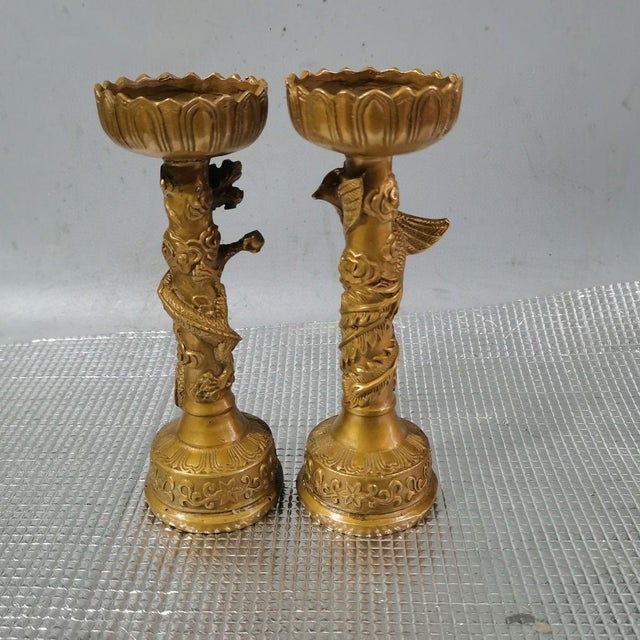 1970s Brass Dragon & Phoenix Candle Holders, Pair of Lotus Top Candlesticks For Sale - Image 4 of 9