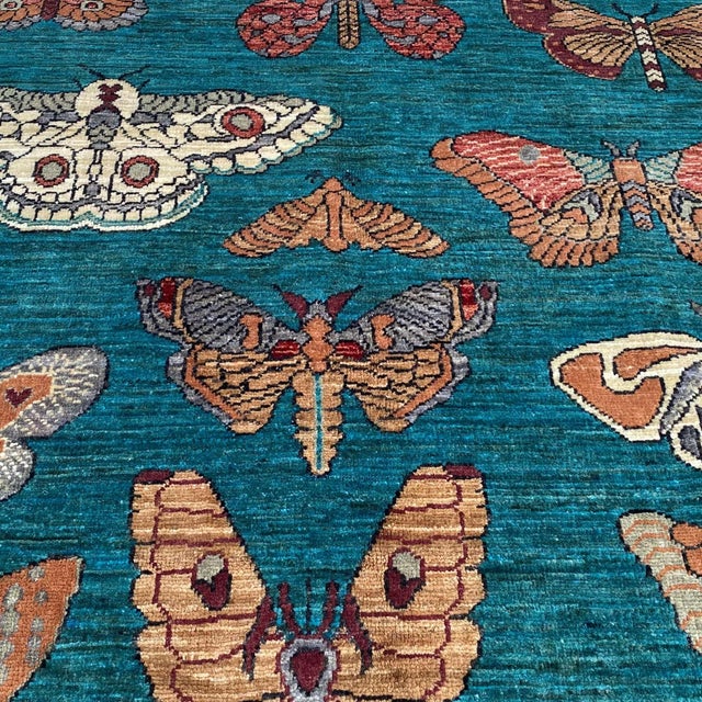 2020s Teal Butterfly Moth Pictorial Hand-Knotted Wool Rug - 3'4" X 4'10" For Sale - Image 5 of 10