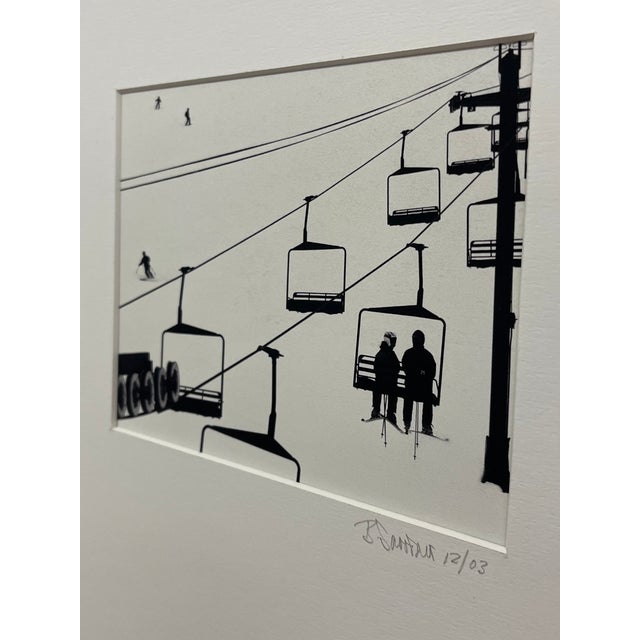 Contemporary Black and White Ski Lift Signed and Dated 2003 Minimalist Winter Scene Matted Print For Sale - Image 3 of 8