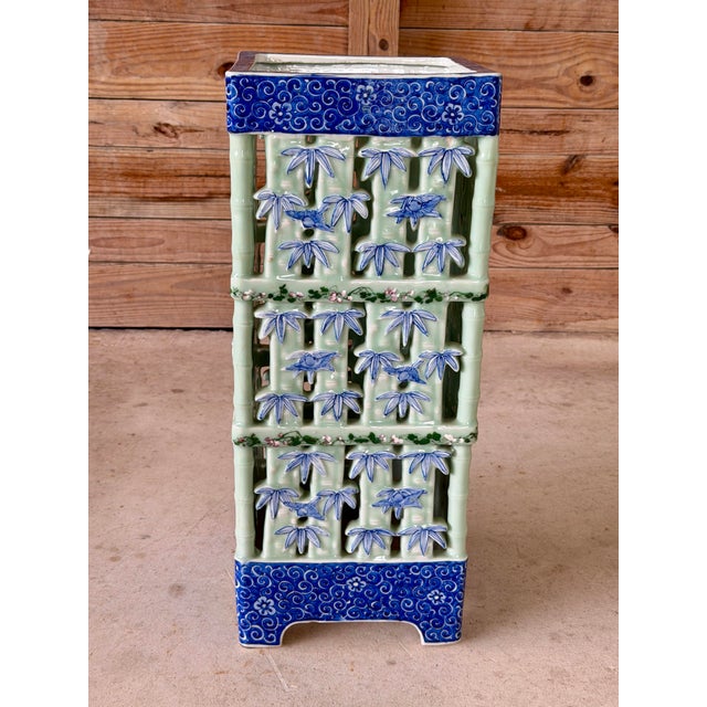 Mid 20th Century Large Pierced Celadon Faux Bamboo Ceramic Umbrella Stand or Jardinière For Sale - Image 5 of 12