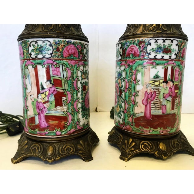 Early 20th Century Antique Asian Chinoiserie Style Hand Painted Porcelain and Bronze Oil Lamps Converted to Electric - a Pair For Sale - Image 4 of 13