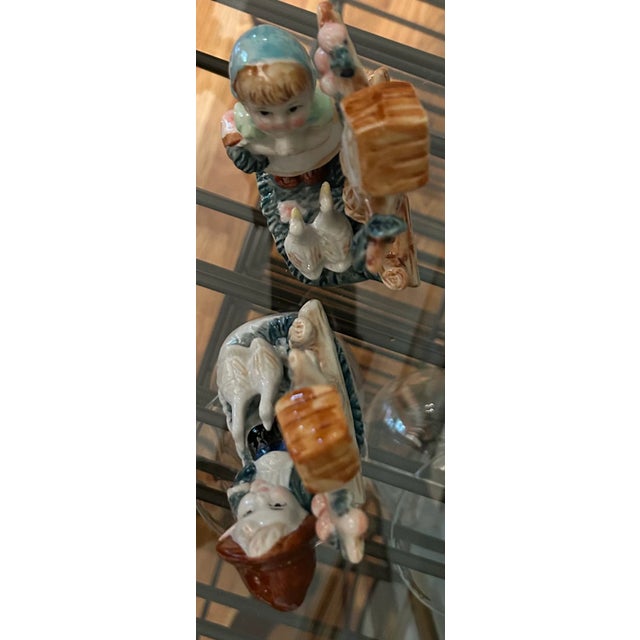 Lot of Two Vintage Porcelain Figurines Boy and Girl With Trees and Birdhouses For Sale - Image 4 of 5