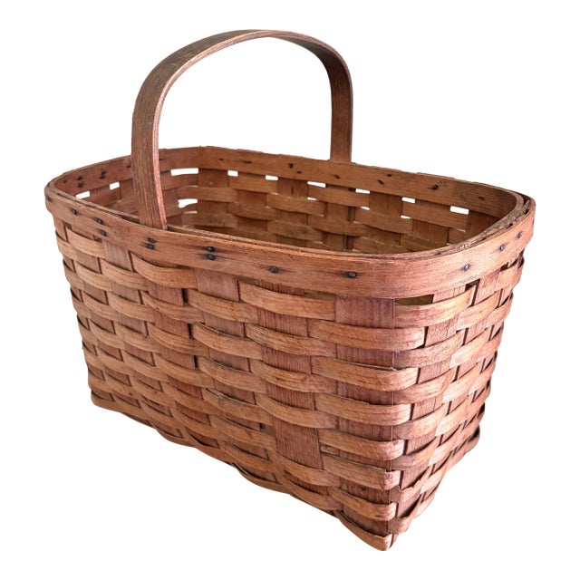 Antique Early 20th Century American Splint Oak Gathering Basket For Sale