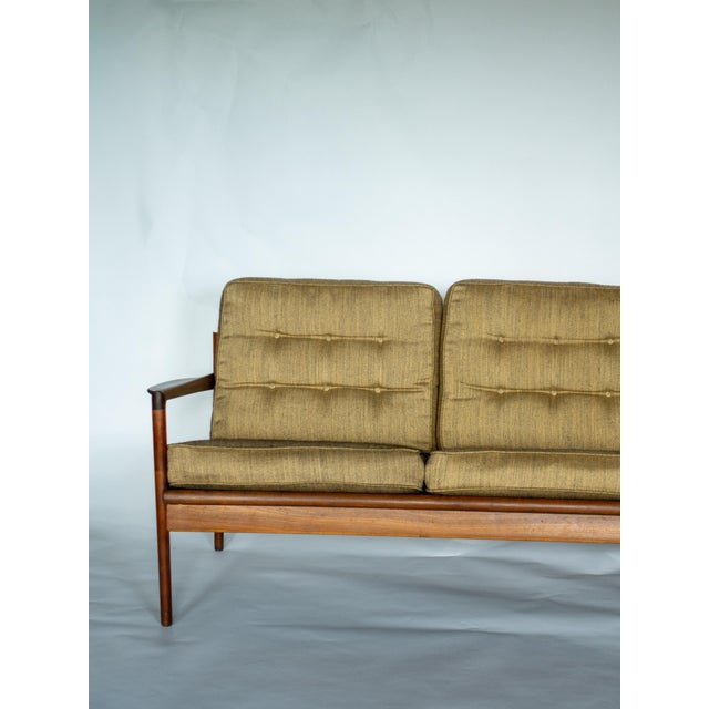 Beige Ib Kofod Larsen for Selig Picket Back Sofa, Danish MCM Walnut Frame Couch For Sale - Image 8 of 13