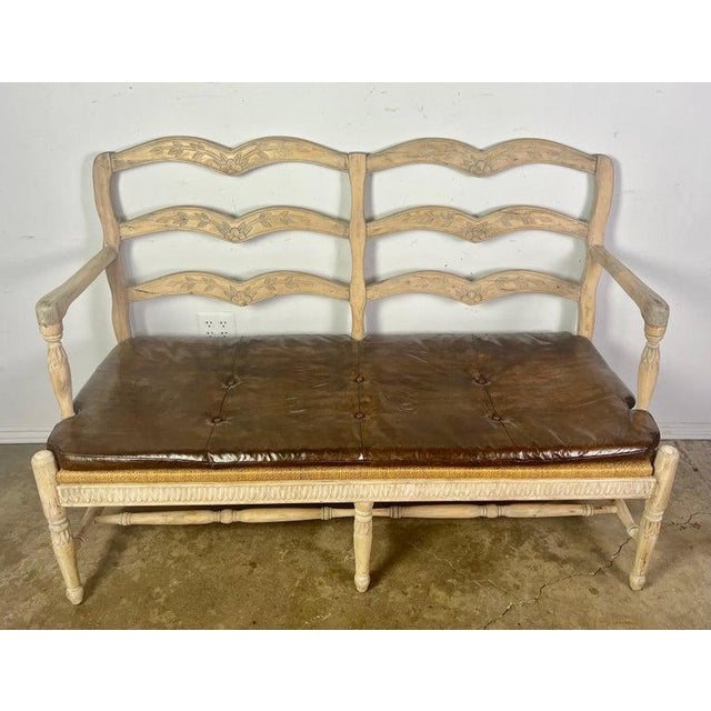 French Provincial French Provincial Style Bench W/ Rush Seat & Leather Cushion For Sale - Image 3 of 16