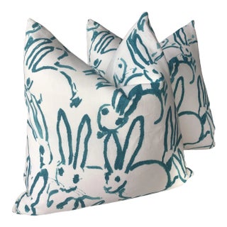 Hunt Slonem “Bunny Hutch” in Aqua 22” Down Filled Pillows - a Pair For Sale