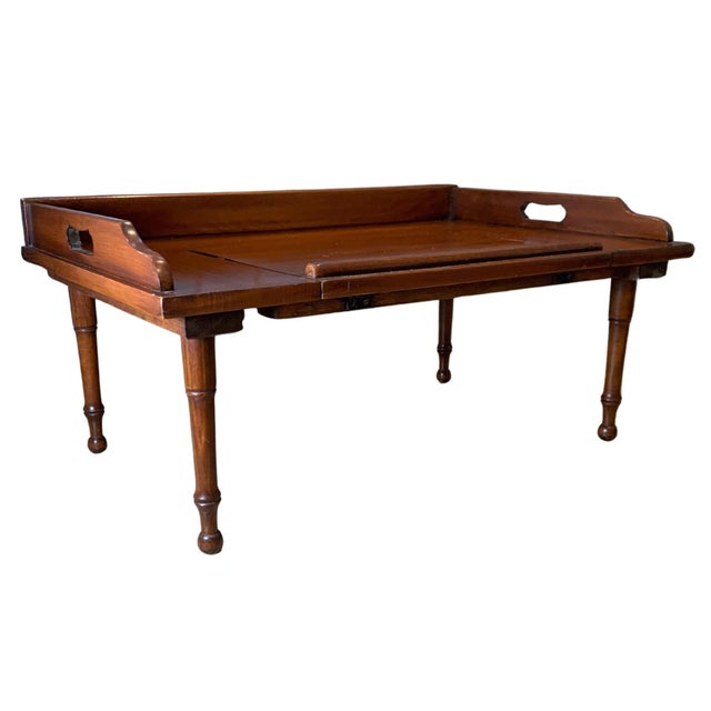 Wood Antique English Mahogany Reading Breakfast Table with Gallery Sides Pierced Grip Handles and Turned Legs For Sale - Image 7 of 17