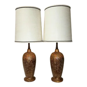 Vintage MCM Speckled Table Lamps With Burlap Shades - a Pair