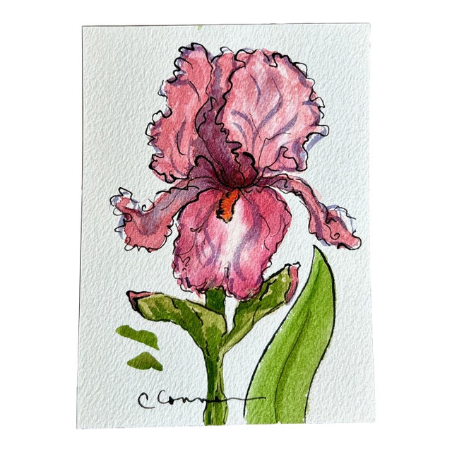 Giclee Print of Watercolor Ink and Wash Small Painting “Pink Iris” For Sale