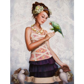 To Taste by Kelly Houghton | Oil Painting of a woman with a parrot and decorative elements For Sale