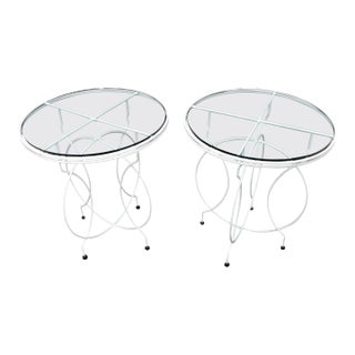 Pair of Midcentury Ice Cream Style Round Folding Cafe Tables Glass Tops For Sale